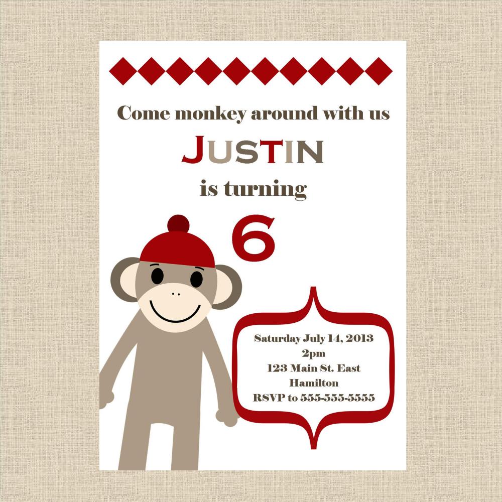 Sock Monkey Birthday Party Invitation - Girl Or Boy - Printable
