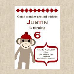 Sock Monkey Birthday Party Invitation - Girl or boy - Printable